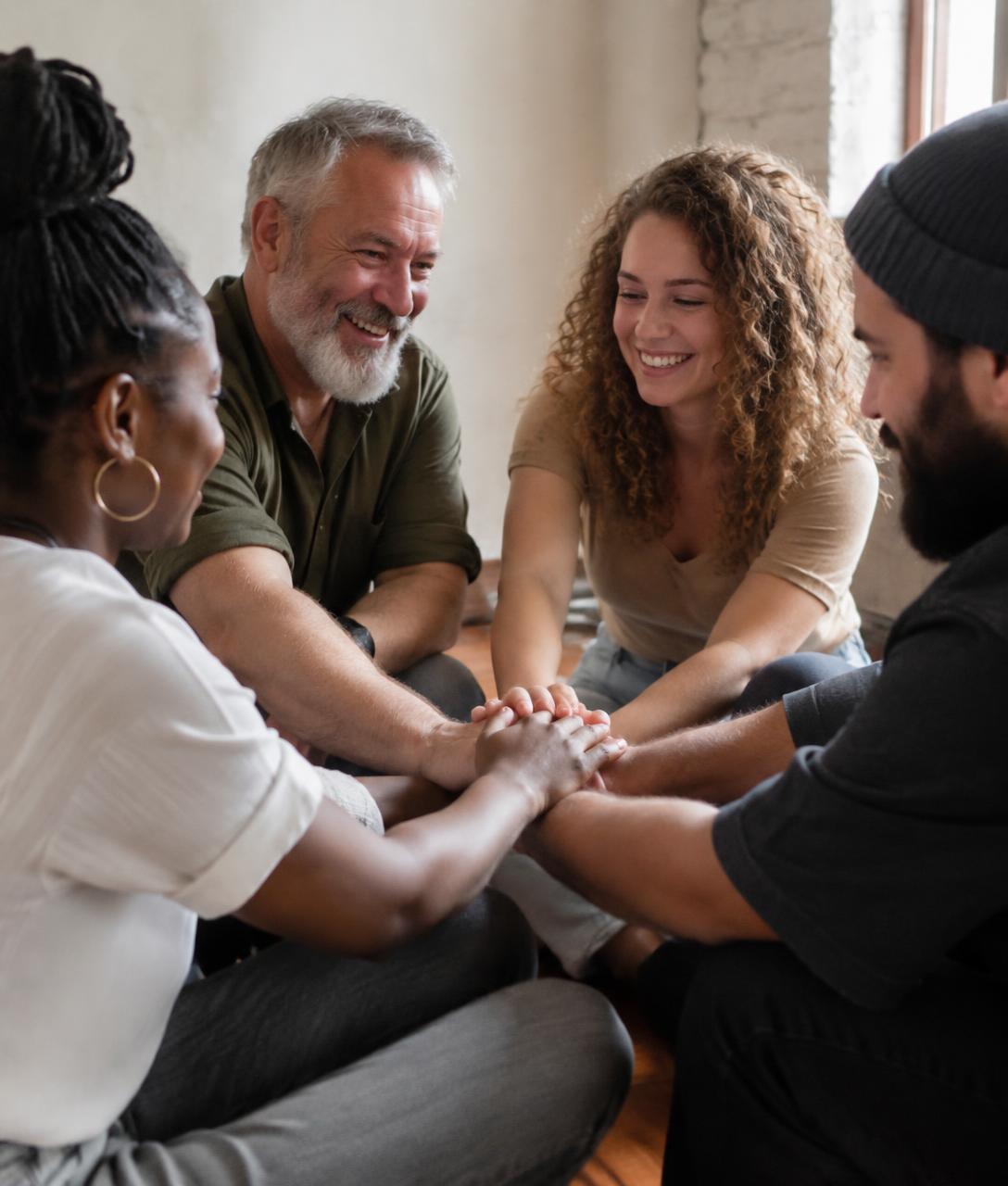 Personnes réunies en cercle, mains rassemblées en signe de solidarité